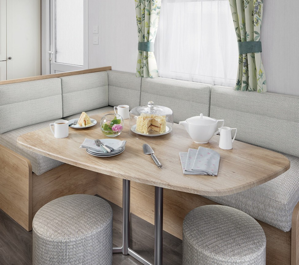 Contemporary dining area in the 2024 Swift Burgundy static caravan