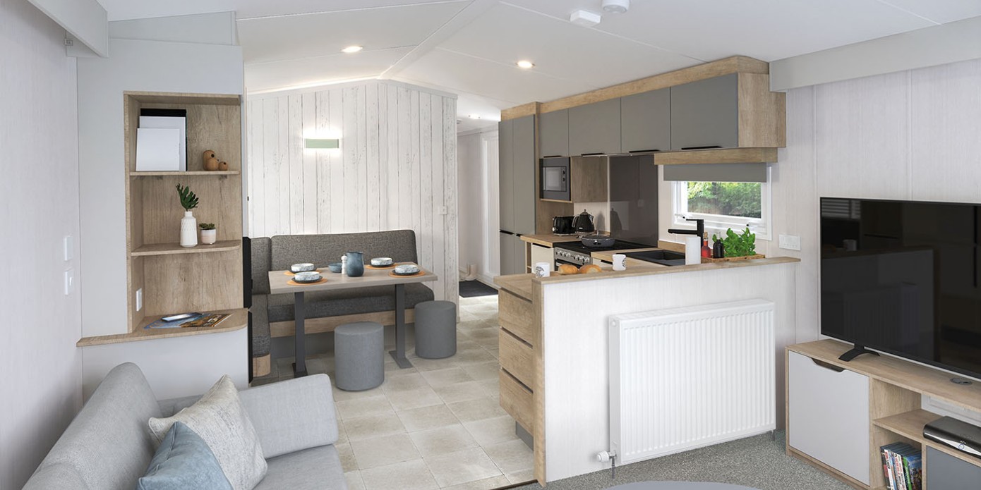 Light and modern interior of the 2024 Swift Moselle static caravan