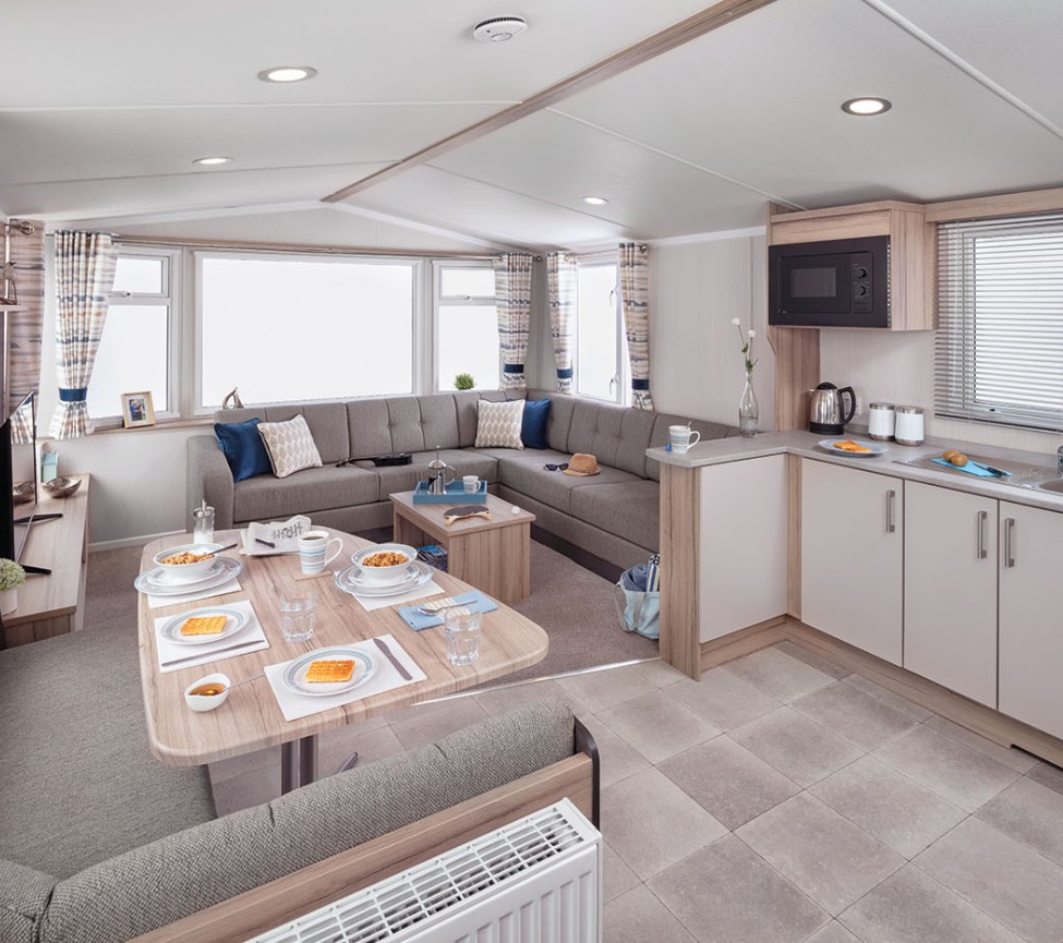 2024 Swift Loire static caravan open plan lounge, dining area and kitchen