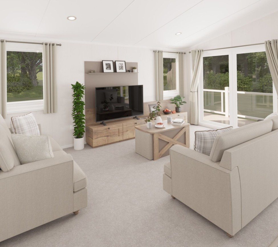 sofas and living space in the 2025 Swift Montreal Lodge