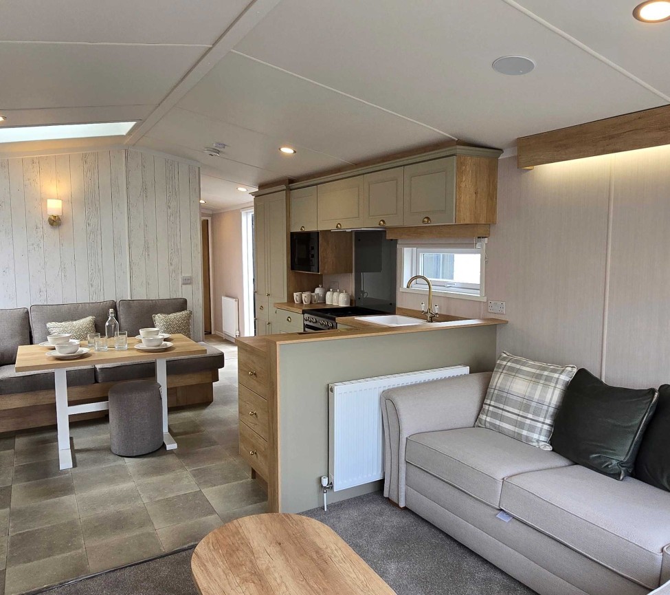 Interior Lounge, Dining and Kitchen view of the 2023 Swift Moselle Lodge